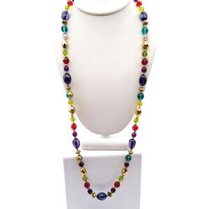 Bright Colorful Beaded Necklace, Vintage Glass Acrylic Gilt and Cats Eye Beads